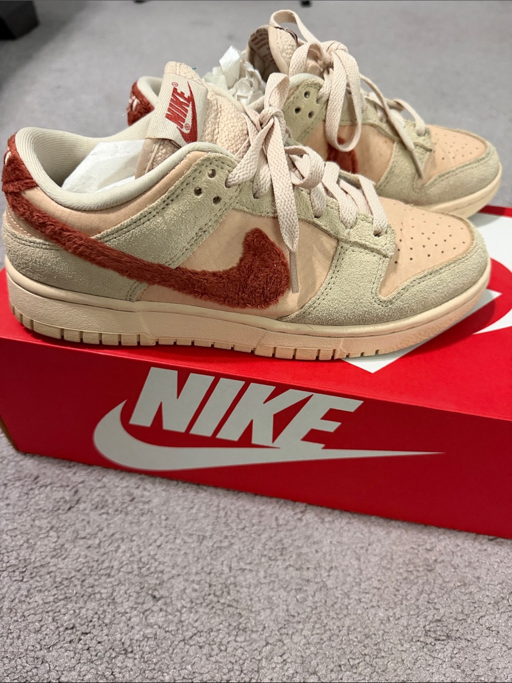 Women Nike Dunk Low-Top Sneakers in Beige with Rust Swoosh size 7.5